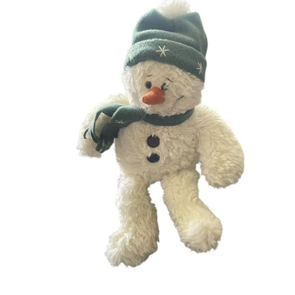 Vintage Gund Kids White Green Fuzzy Snowman With Scarf & Hat Plush Toy OS